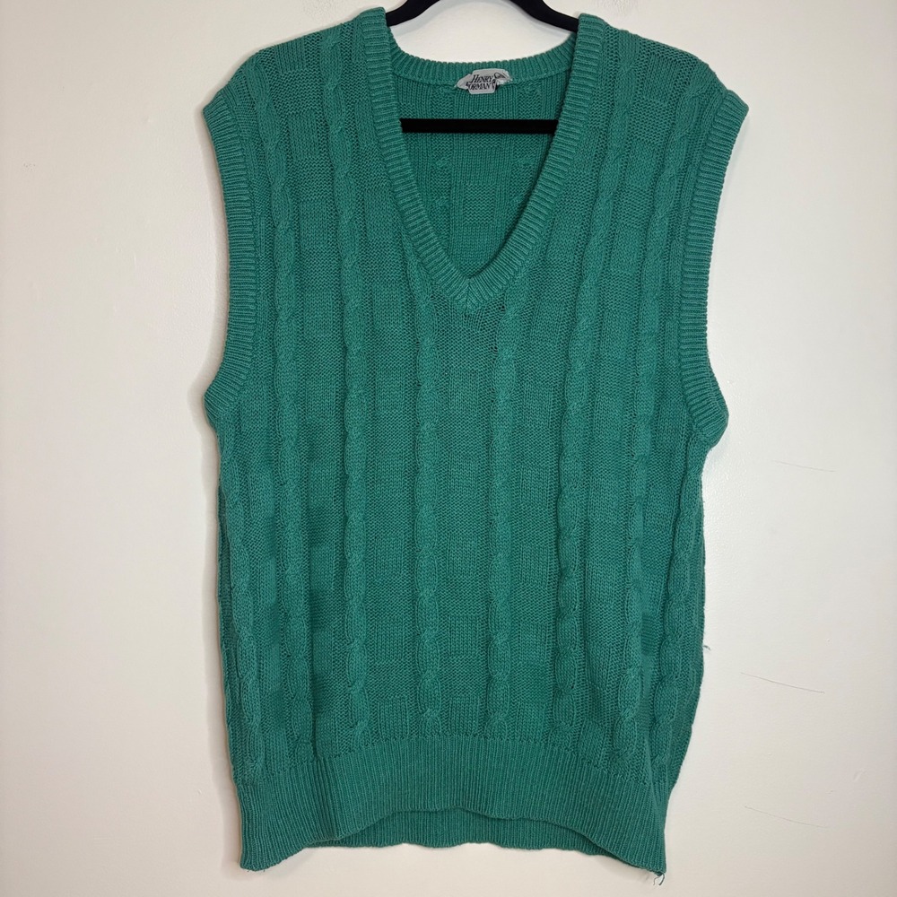 Henry Forman Green Cable Knit Sweater‎ Vest Men's L V-Neck Pullover Vintage USA